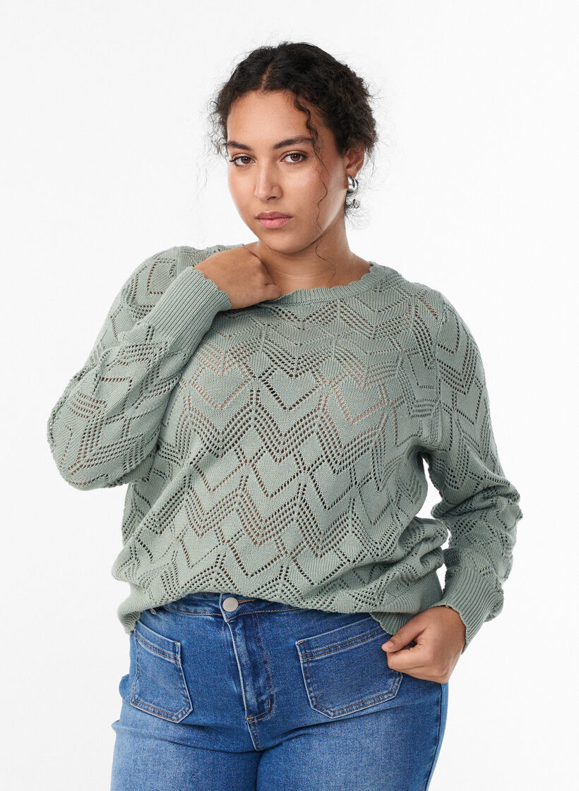 Gemusterte Strickbluse mit Wellenkante und Rundhalsausschnitt, Grün, Model image number 0