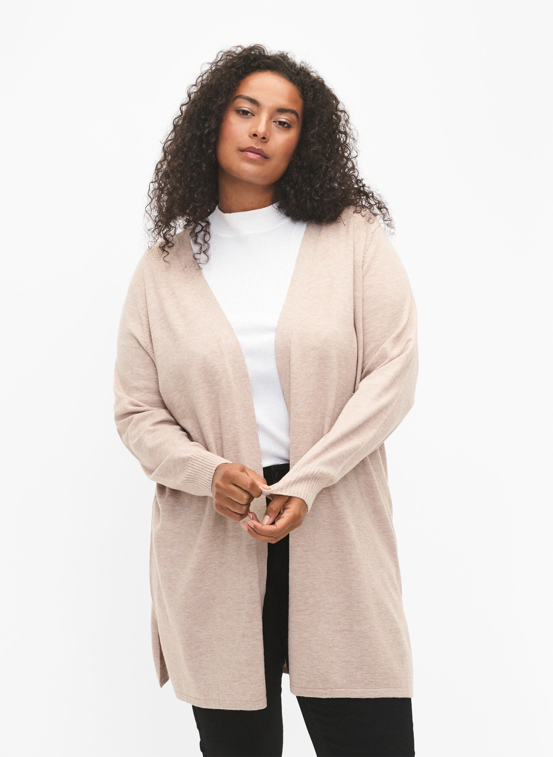 ZizziGestrickter Cardigan mit Schlitz und Rippe, Simply Taupe Mel., Model image number 0