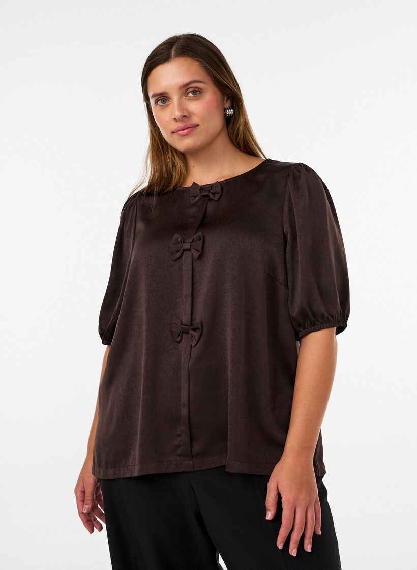Bluse aus Satin mit Schleifen und ellbogenlangen &Auml;rmeln, Braun, Model image number 0