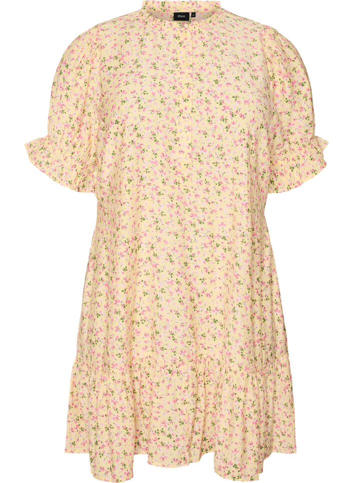 Kurzes Kleid aus Viskose mit R&uuml;schendetails, Gelb, Packshot image number 0