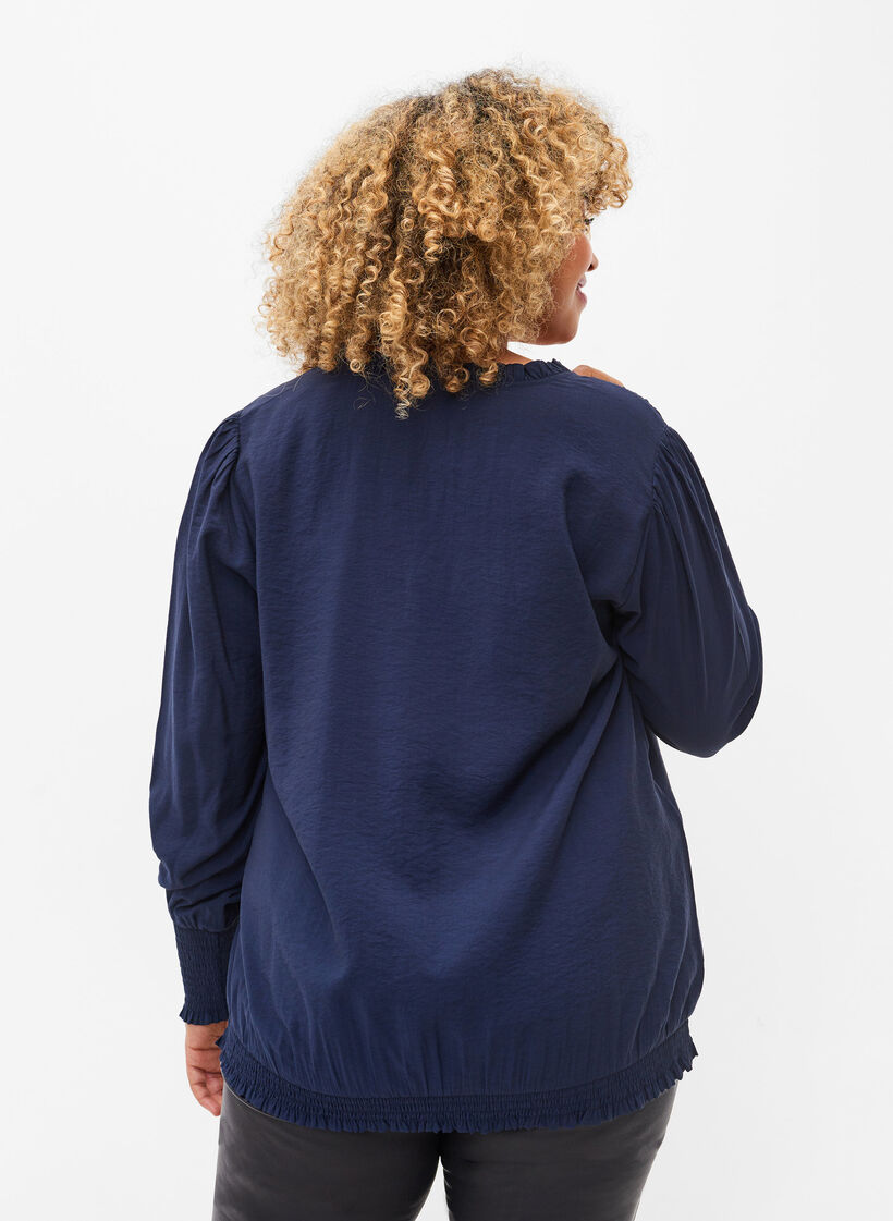 Viskosebluse mit langen Ärmeln und Smock, Navy Blazer, Model image number 1