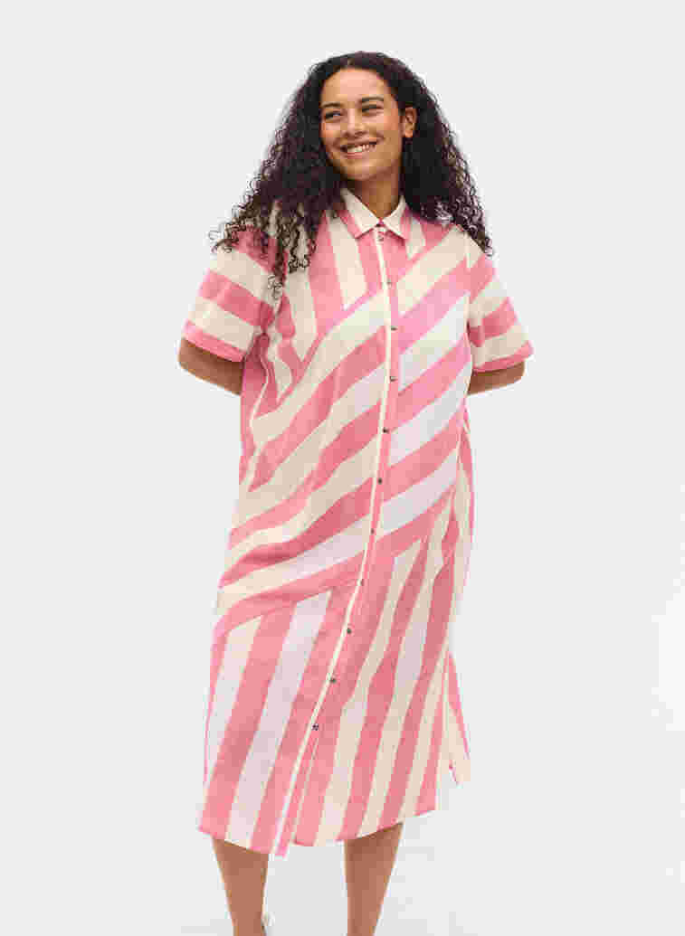 Kurzärmeliges Hemdkleid aus Baumwolle mit Streifen, Magenta Stripe, Model