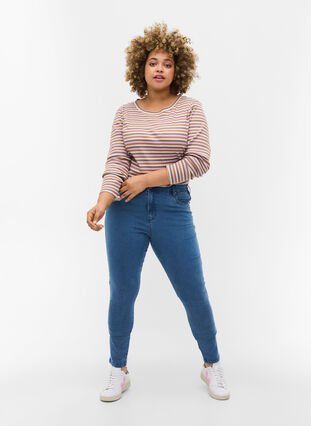 Gestreifte Bluse mit Rundhalsausschnitt und langen Ärmeln, Purple Camel Stripe, Model image number 2