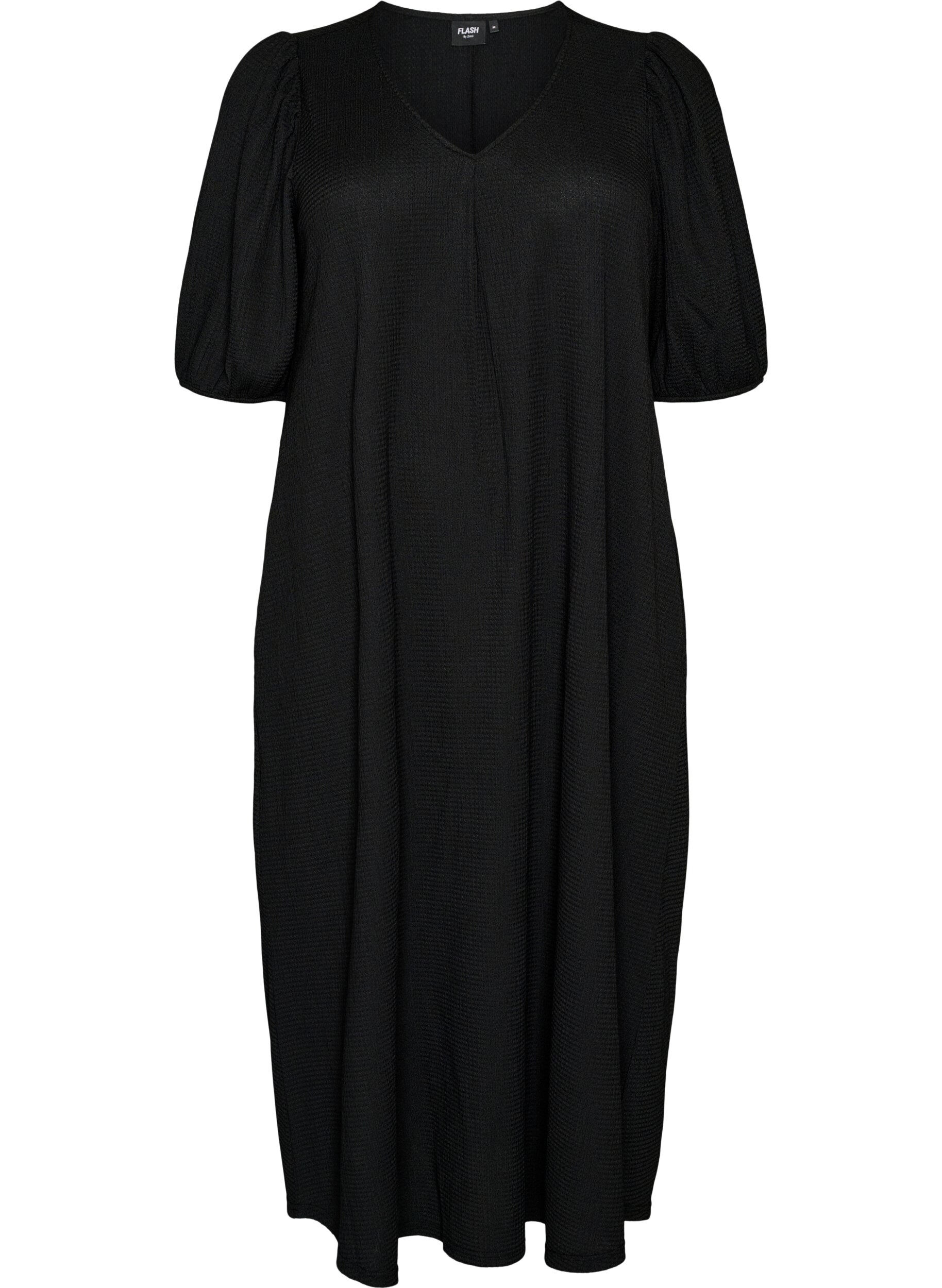 ZizziMidikleid mit V-Ausschnitt und Struktur, Schwarz, Packshot image number 0