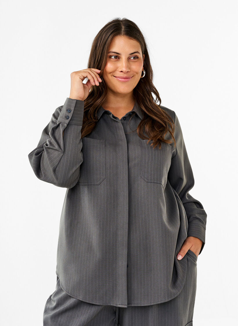  Nadelstreifenhemd mit Kragen und Brusttaschen, Dark Shadow Pin St., Model image number 0