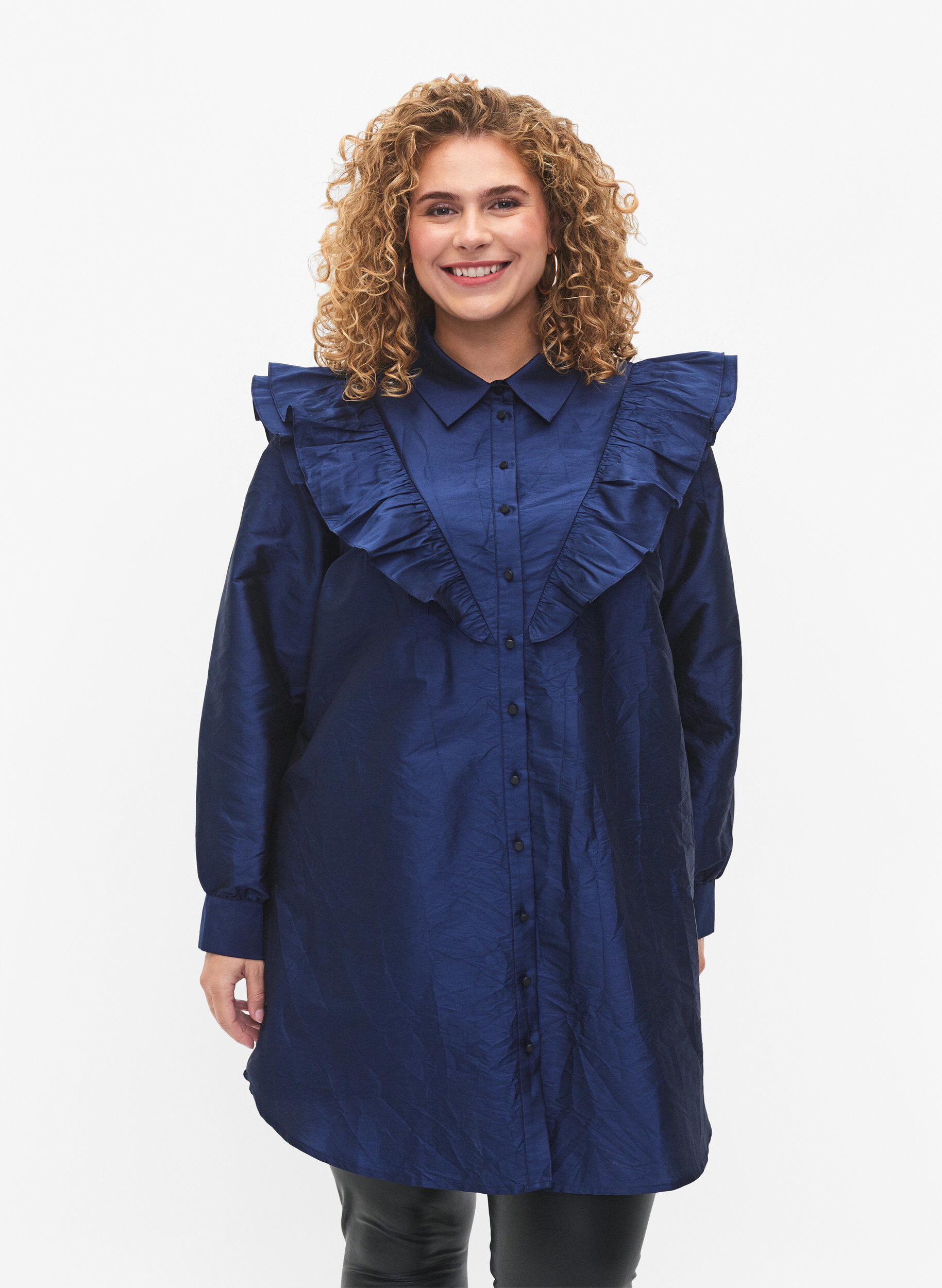 ZizziEinfarbiges Hemd mit R&uuml;schendetail, Titan, Model image number 0