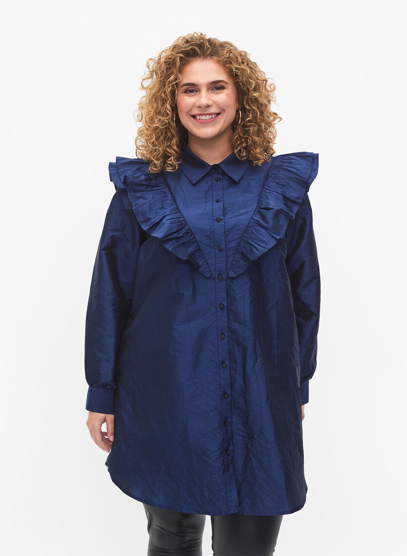 Einfarbiges Hemd mit Rüschendetail, Titan, Model image number 0