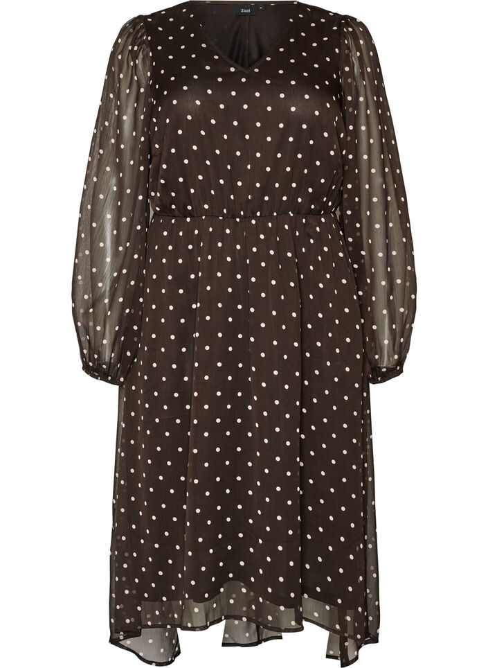 Kleid aus Chiffon mit Polka Dots und langen &Auml;rmeln, Braun, Packshot image number 0