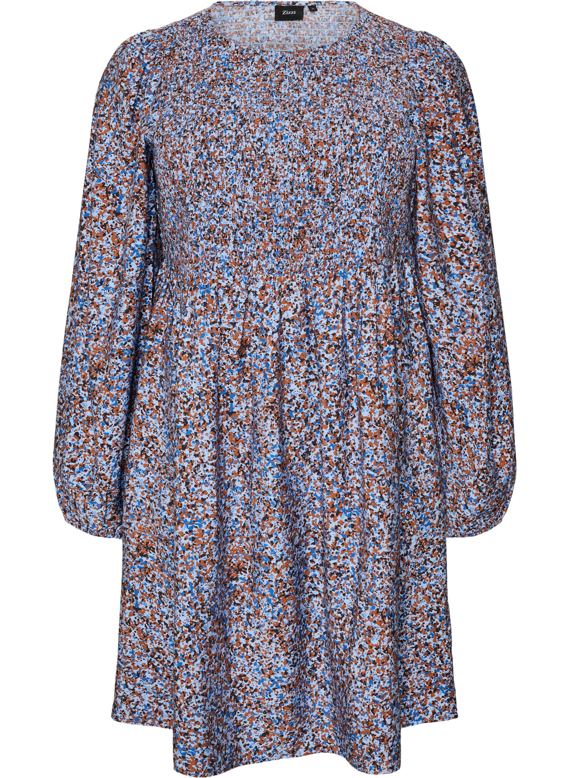 ZizziKleid aus Viskose mit Smock und Allover-Muster, Blau, Packshot image number 0