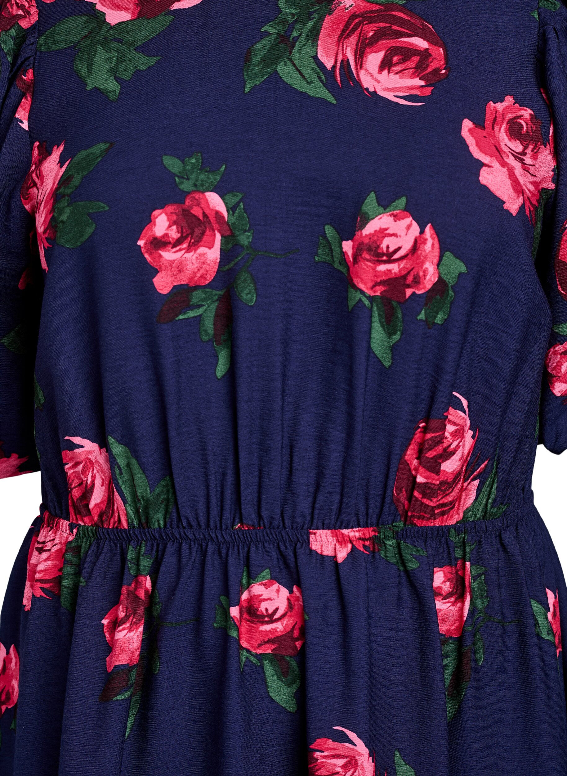ZizziMidikleid mit Rosenprint und kurzen Ballon&auml;rmeln, Blau, Packshot image number 2