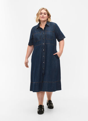 Hemdkleid aus Denim mit kurzen Ärmeln, Dark blue denim, Model image number 0
