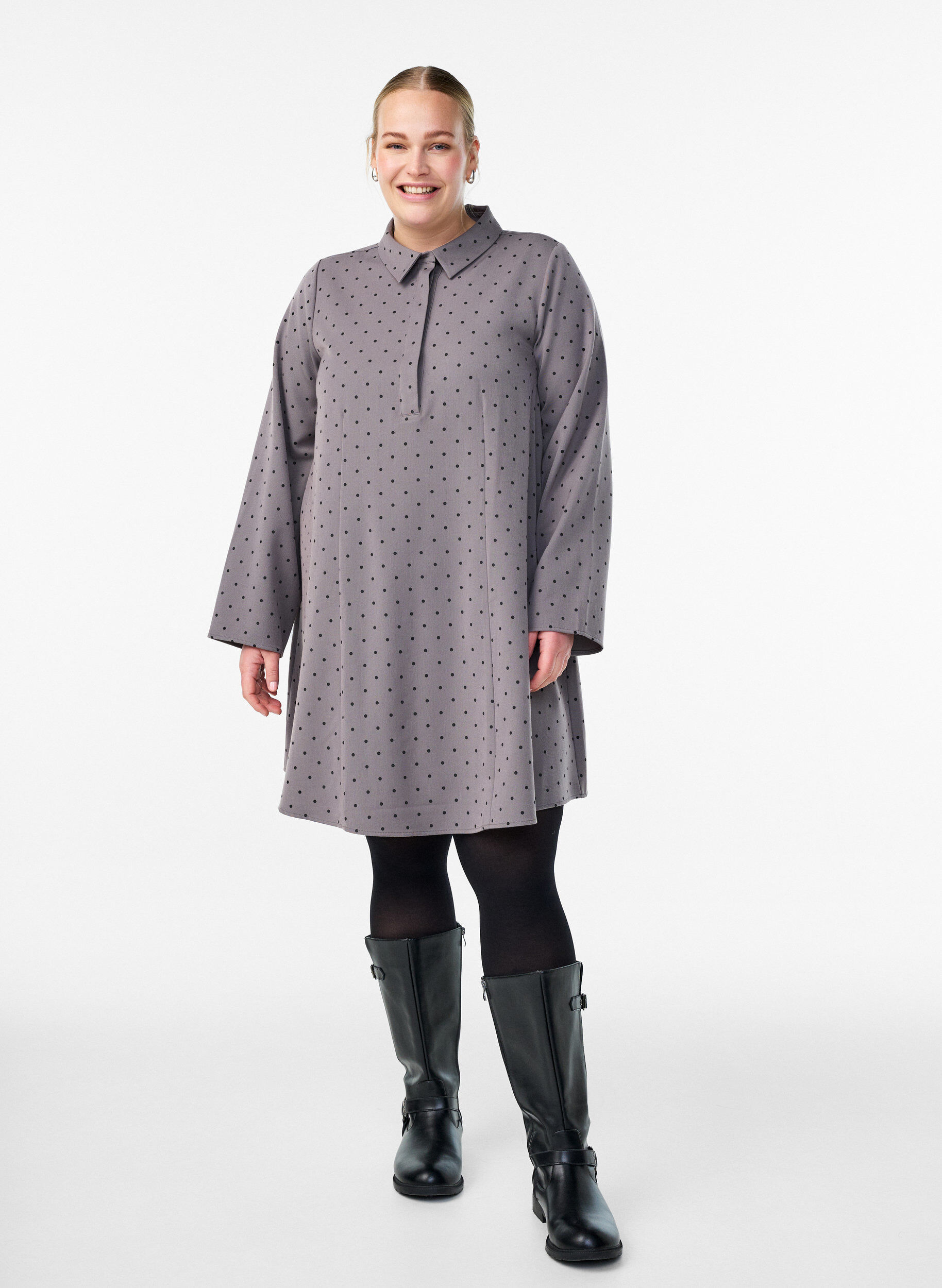 ZizziKurzes A-Linien-Kleid mit langen &Auml;rmeln, Grau, Model image number 1