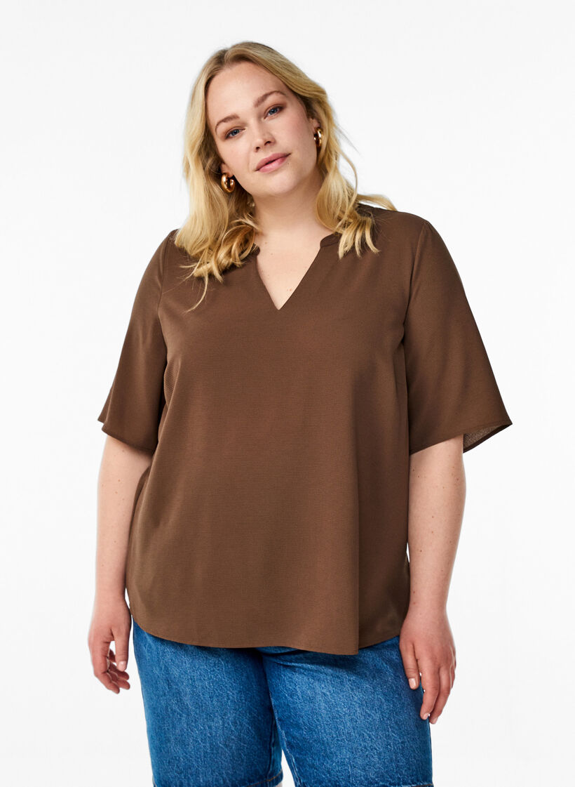 Kurzärmlige Bluse mit V-Ausschnitt, Braun, Model image number 0
