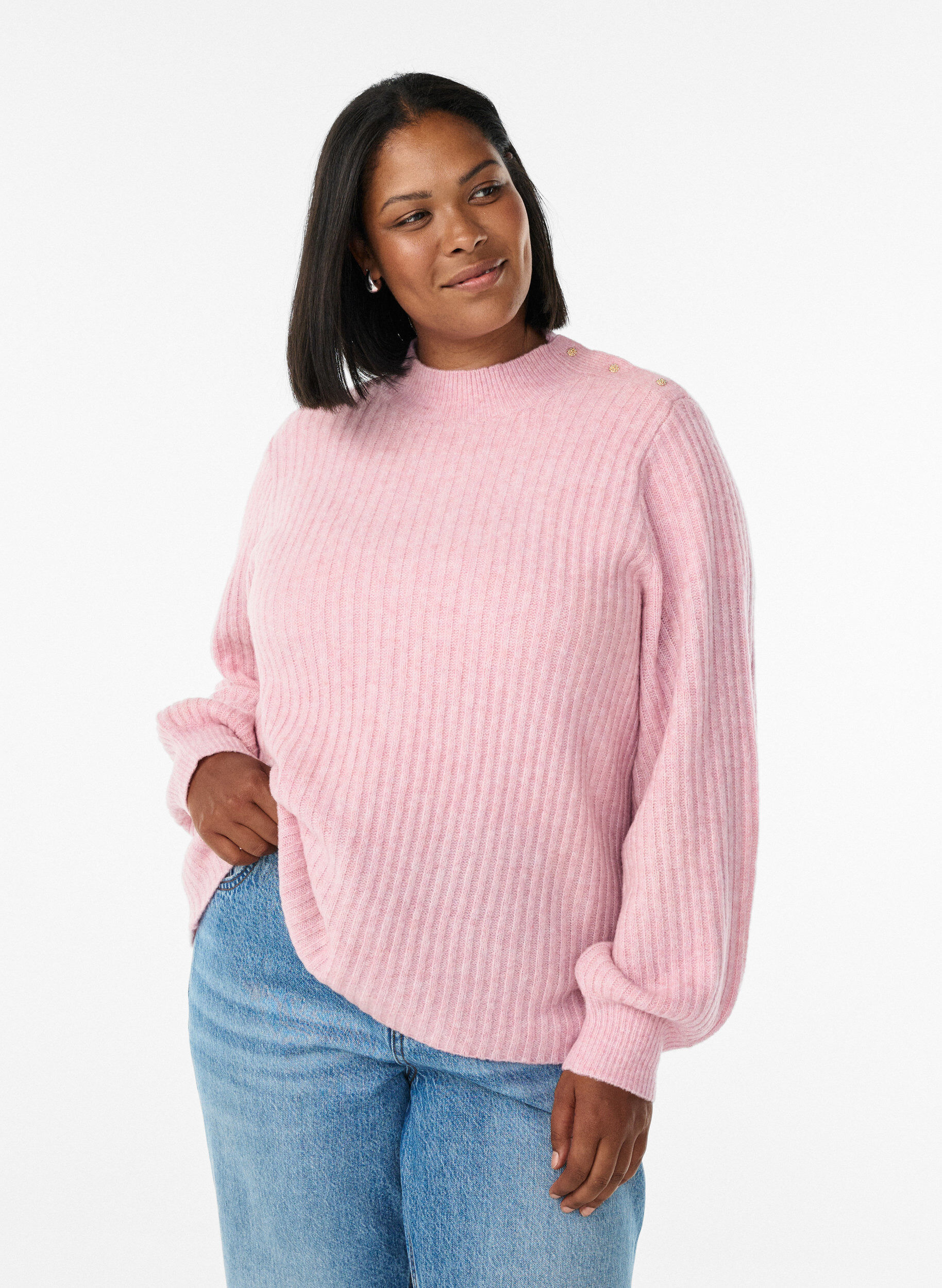 ZizziPullover aus Rippstrick mit Puff&auml;rmeln und Kn&ouml;pfen, Rot, Model image number 0
