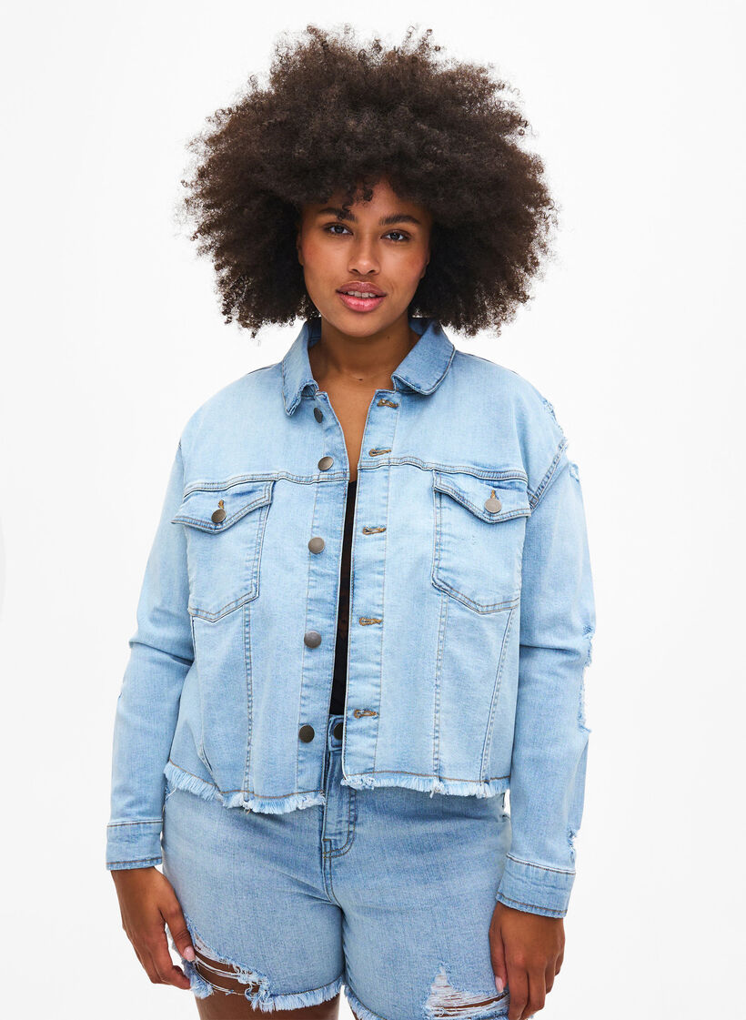 Kurze Denim-Jacke mit Details in Used-Optik, Light Blue Denim, Model image number 0