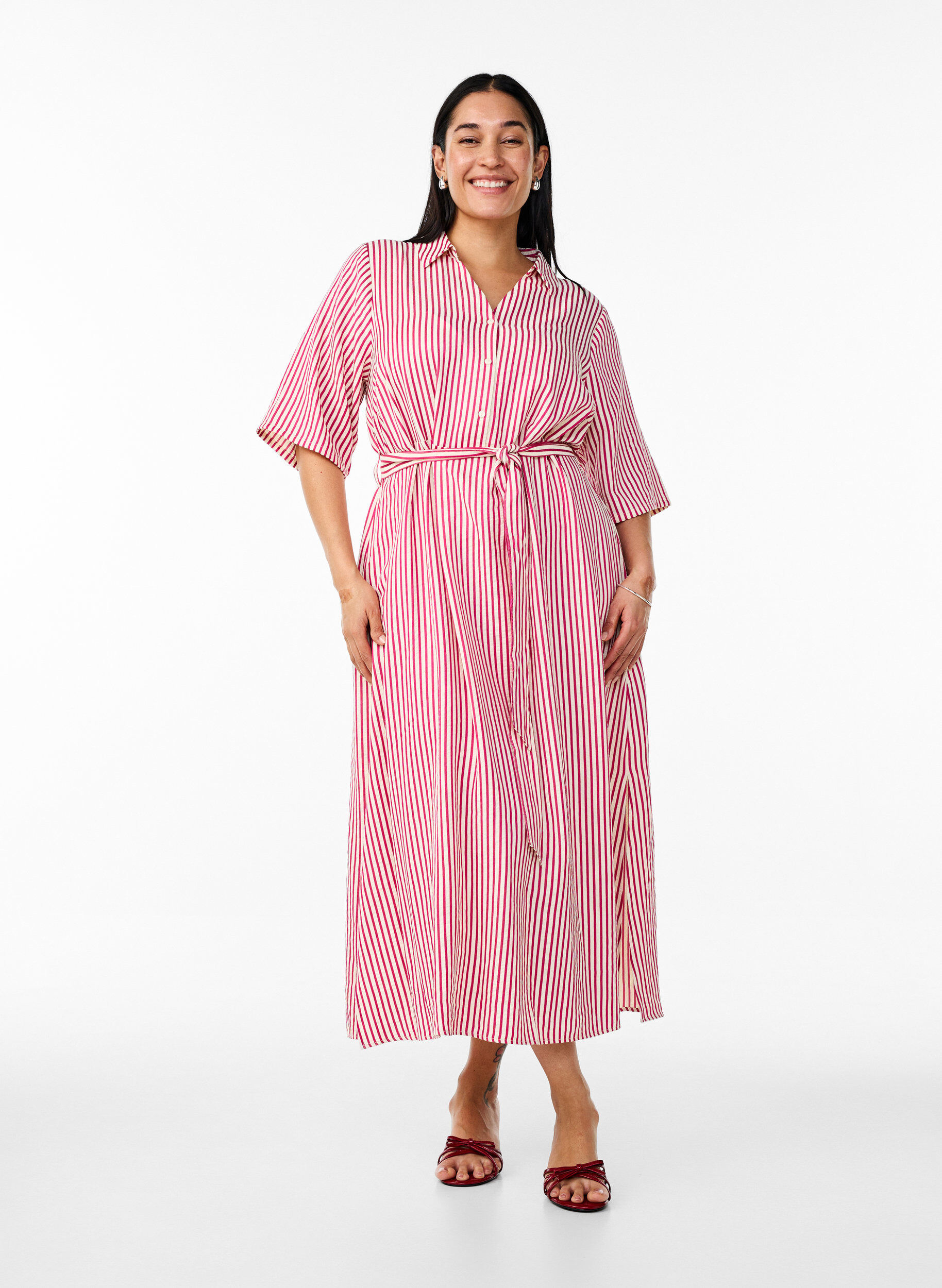 ZizziKn&ouml;chellanges Hemdblusenkleid mit Bindeg&uuml;rtel und Streifen, Pink, Model image number 0