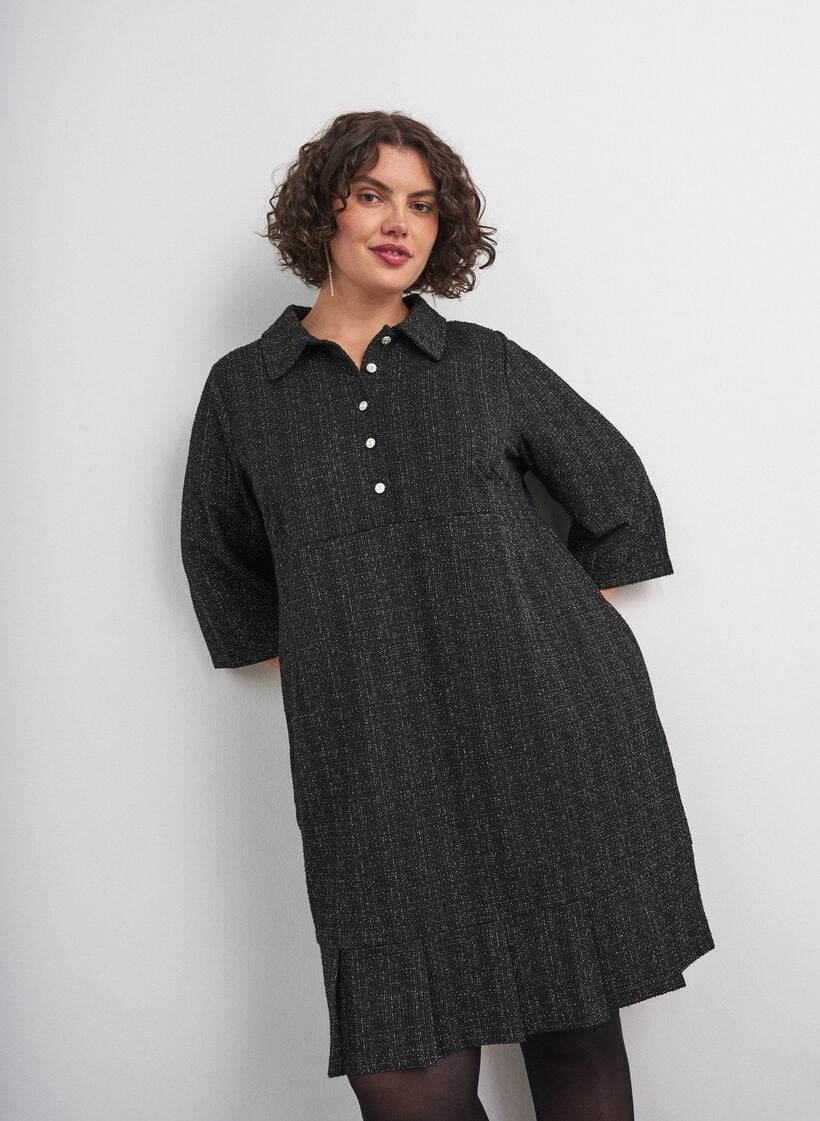 Kurzes Boucl&eacute;-Kleid mit Zierkn&ouml;pfen, Schwarz, Model image number 0