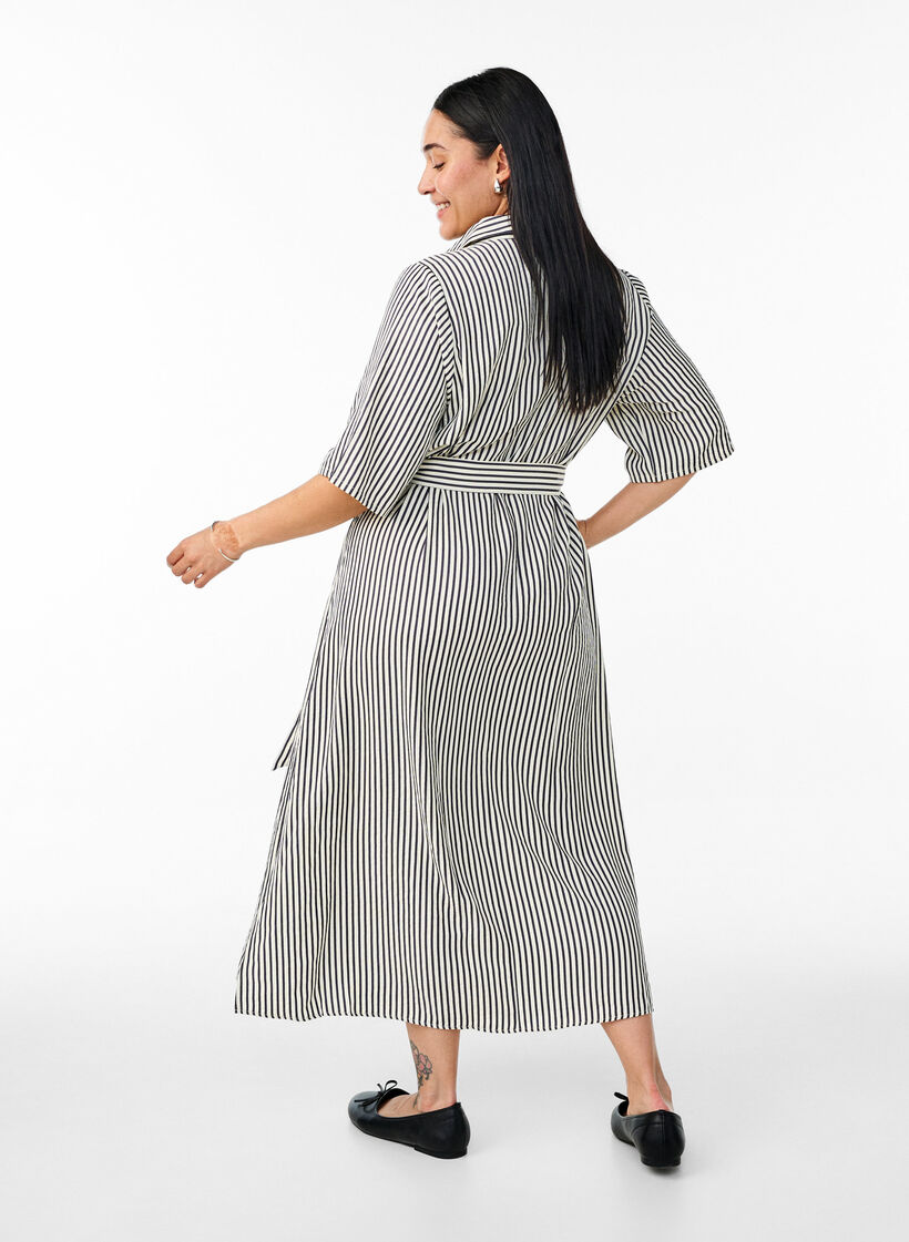 Kn&ouml;chellanges Hemdblusenkleid mit Bindeg&uuml;rtel und Streifen, Schwarz, Model image number 1