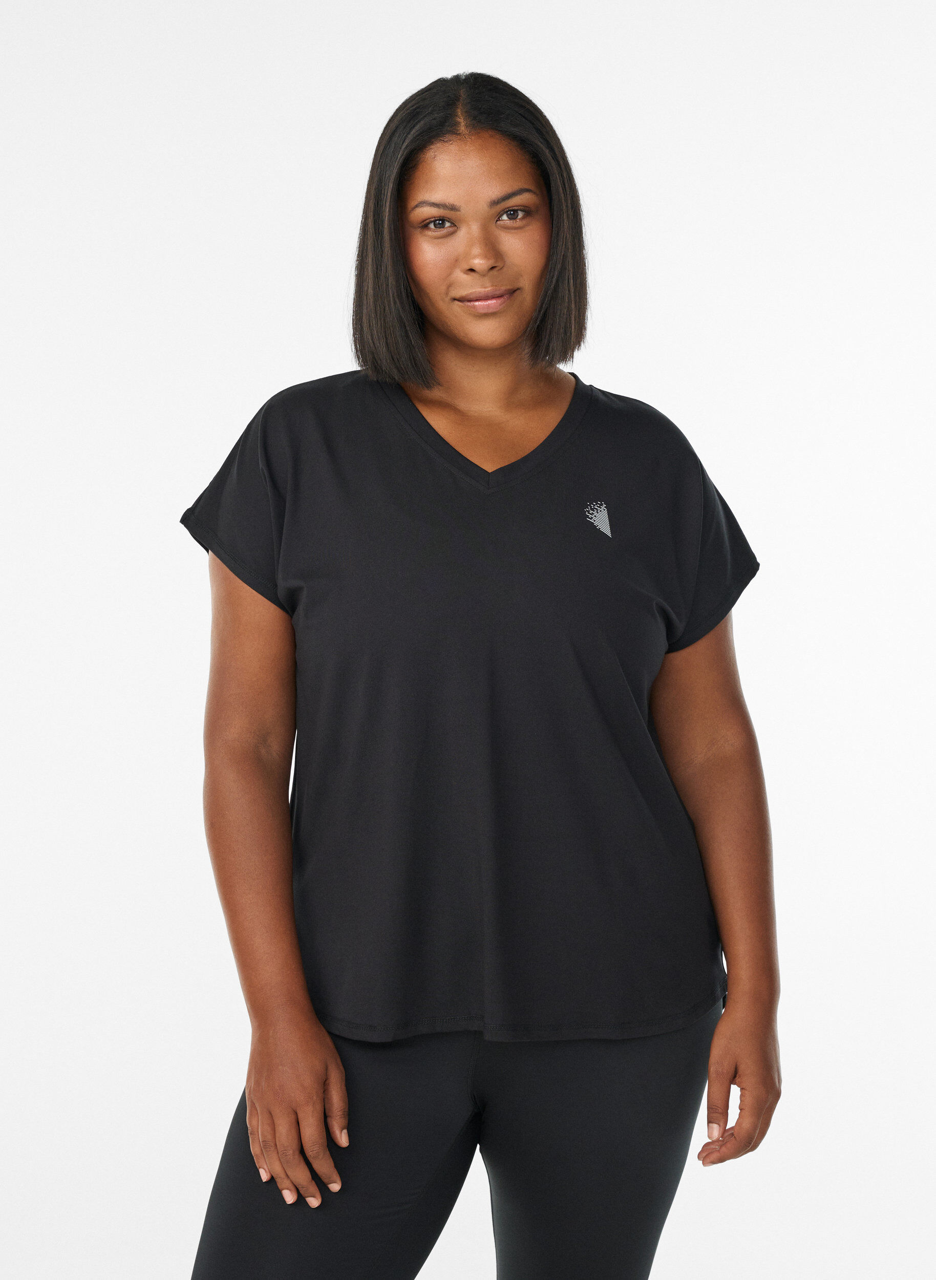 Kurzarm Trainingsshirt mit V-Ausschnitt, Schwarz, Model
