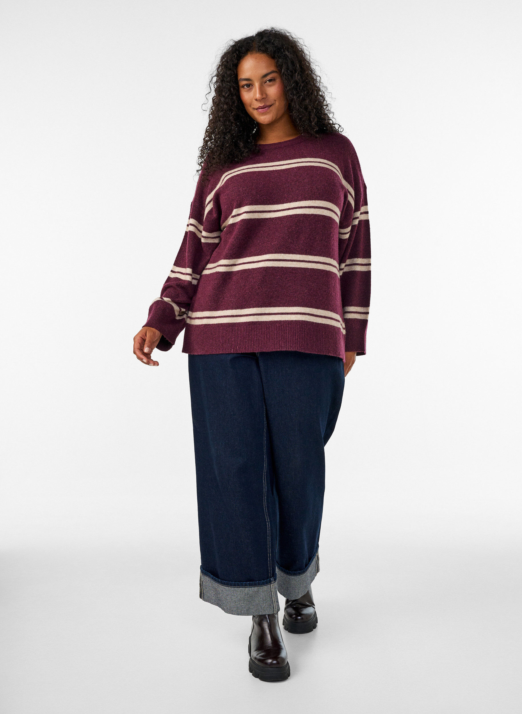 ZizziStrickbluse mit doppelten Kontraststreifen, Rot, Model image number 1