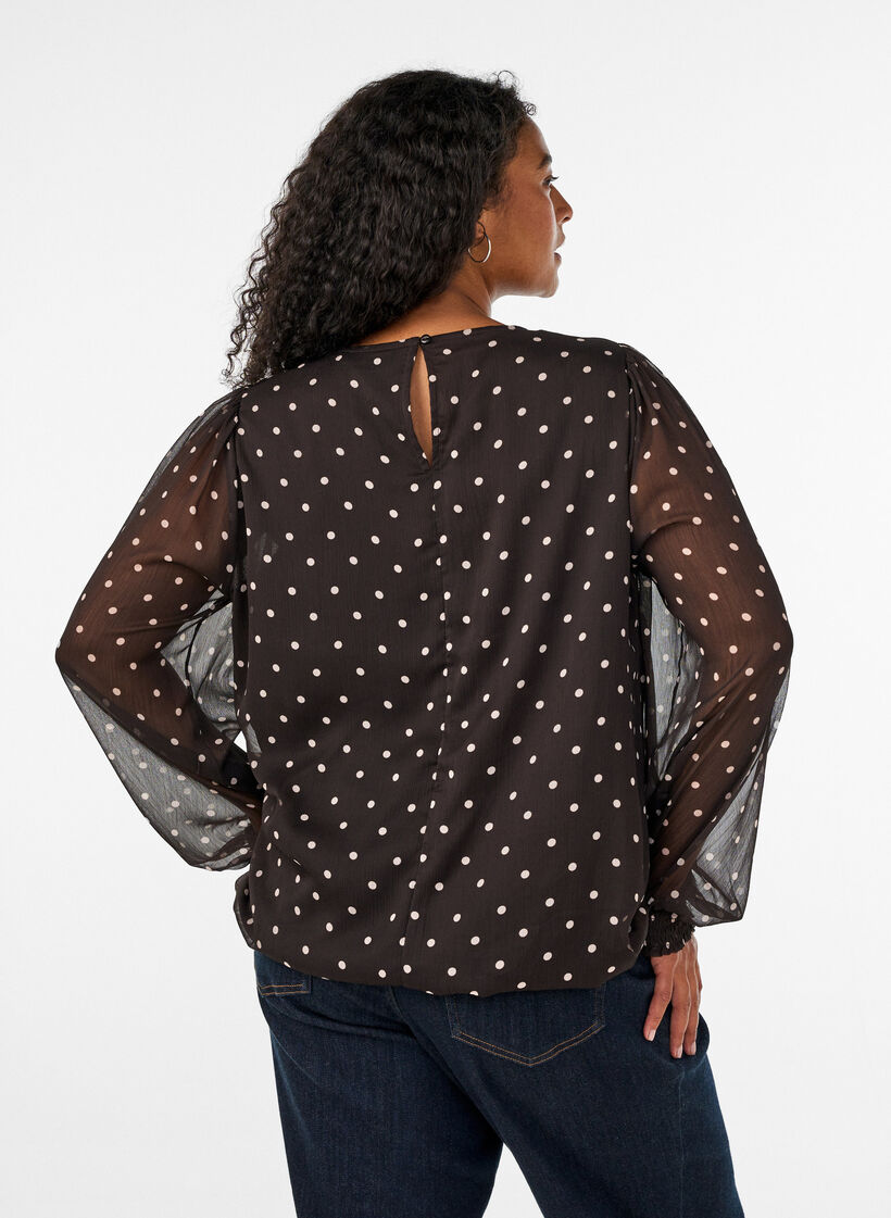 Gepunktete Bluse aus Chiffon mit transparenten &Auml;rmeln, Braun, Model image number 2