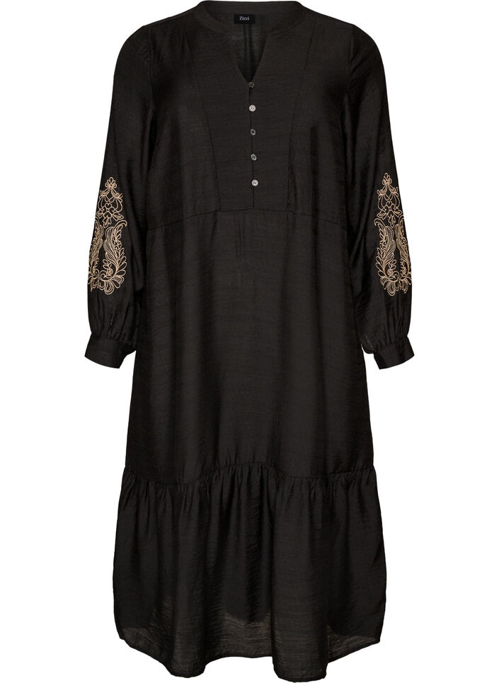 Kleid aus Viskose mit Stickerei und Stufenvolants, Schwarz, Packshot image number 0