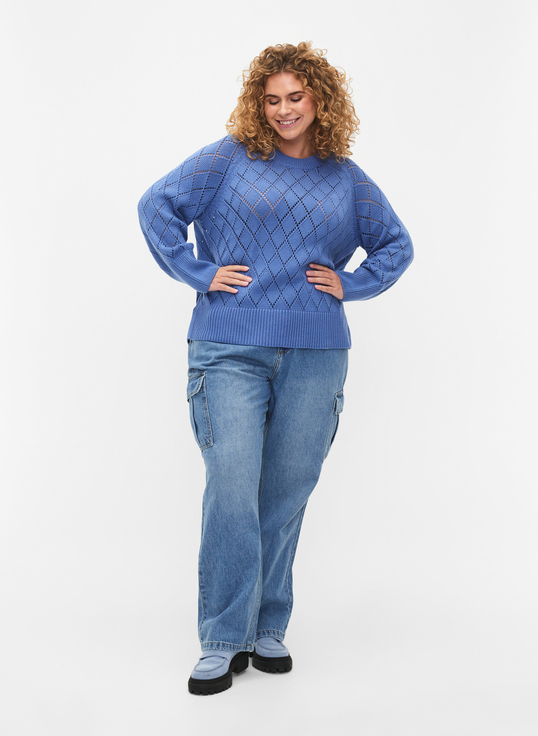 ZizziLang&auml;rmelige Strickbluse mit Lochmuster, Blue Bonnet, Model image number 2