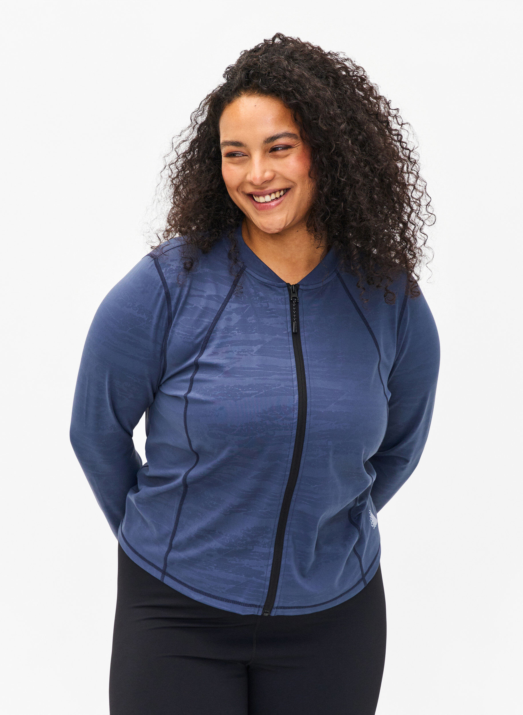 Zizzi Trainingsbluse mit Rei&szlig;verschluss, Mood Indigo, Model image number 0