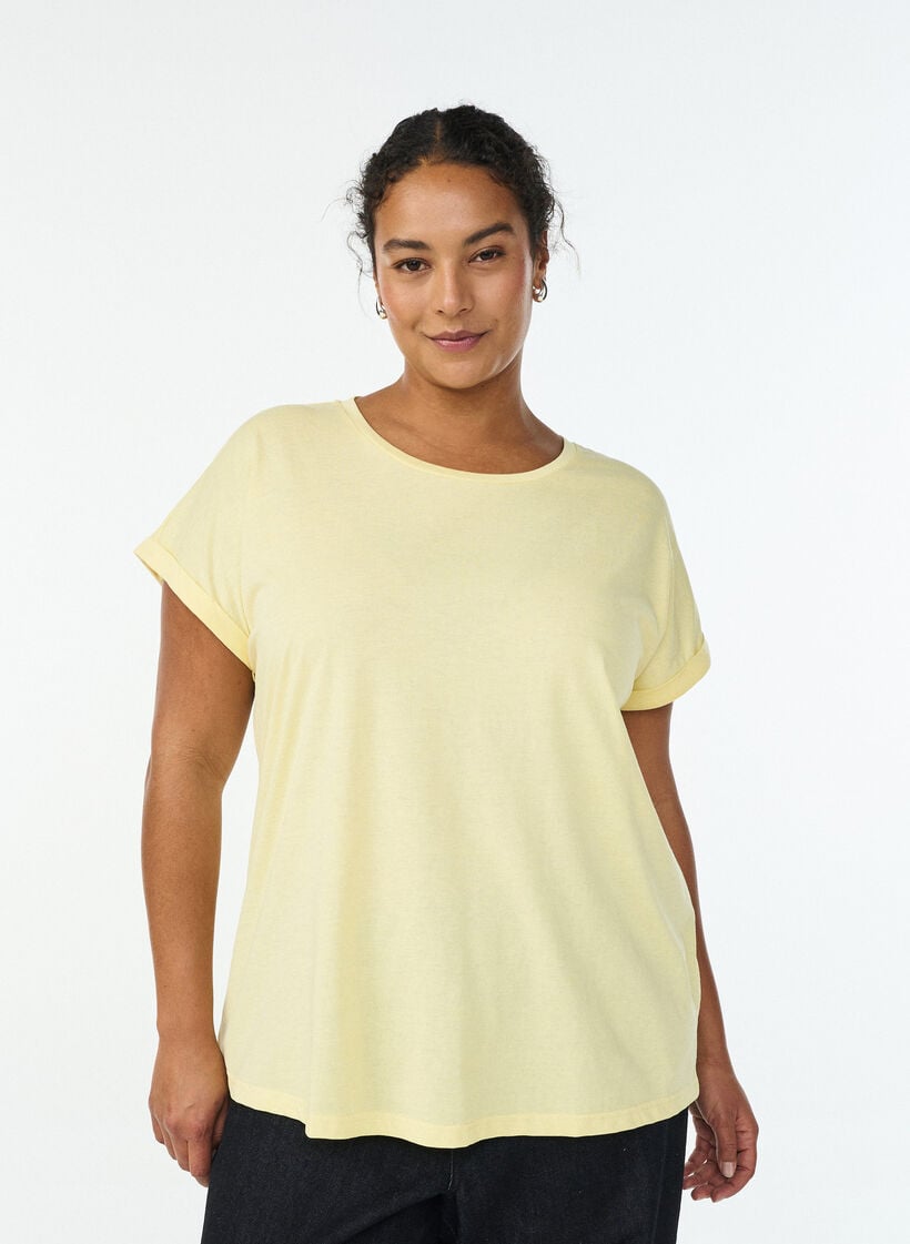 Kurz&auml;rmeliges T-Shirt aus Baumwollmischgewebe, Gelb, Model image number 0