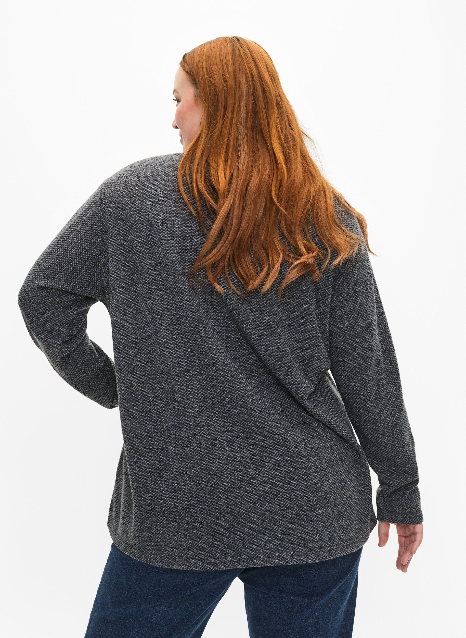 ZizziMelange Bluse mit rund um den Neck und langen &Auml;rmel, Dark Grey, Model image number 1