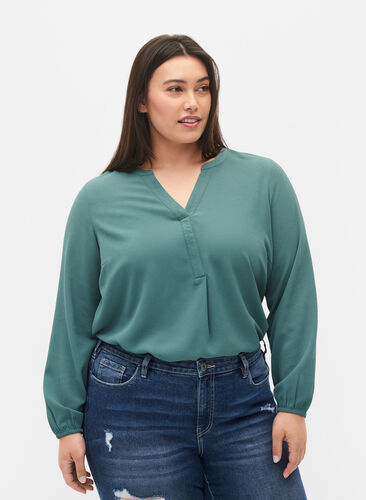 Unifarbene Bluse mit V-Ausschnitt, Mallard Green, Model image number 0
