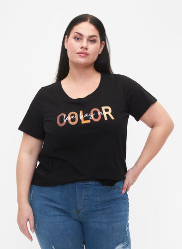 T-Shirt aus Baumwolle mit Print, Black COLOR, Model image number 0