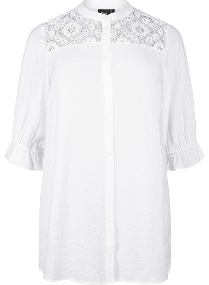 Langes Viskose-Shirt mit Spitzendetail, Bright White, Packshot image number 0