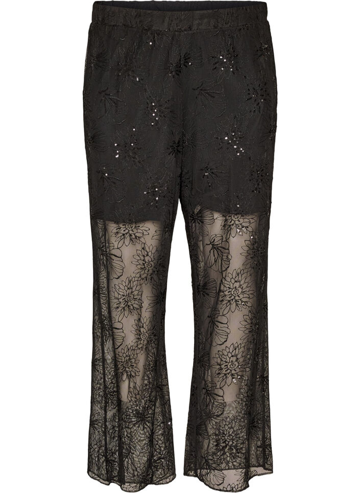 Hose aus Mesh mit floraler Stickerei und Pailletten, Schwarz, Packshot image number 0