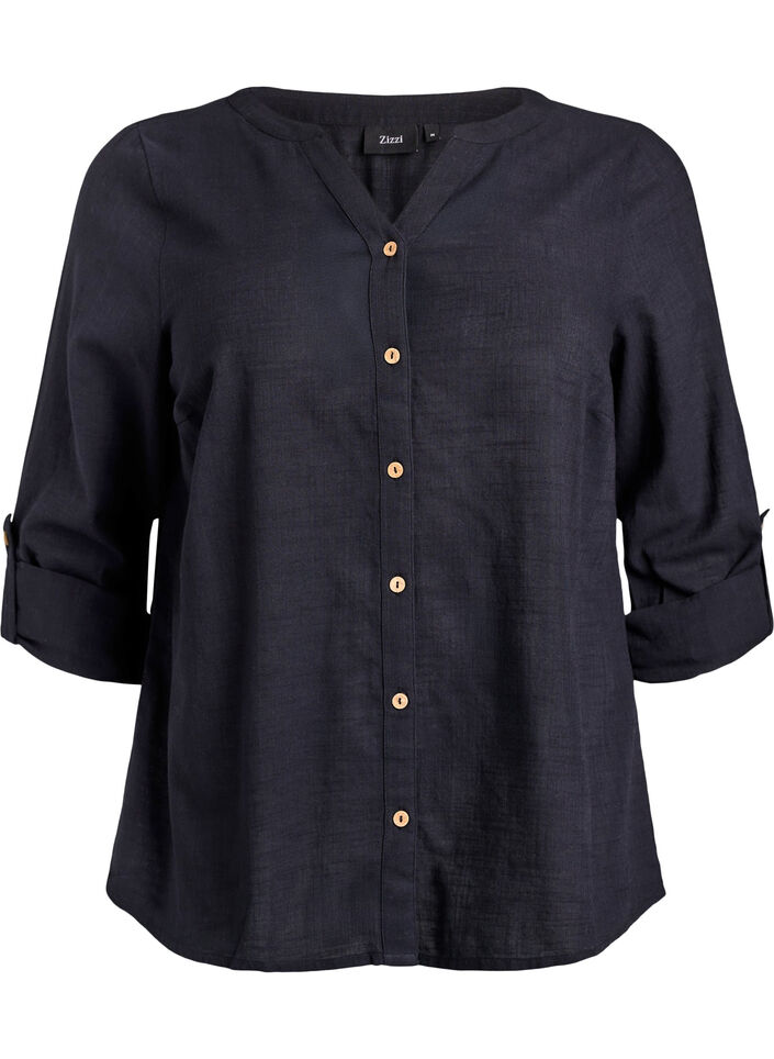 Hemdbluse aus Baumwolle mit V-Ausschnitt, Schwarz, Packshot image number 0