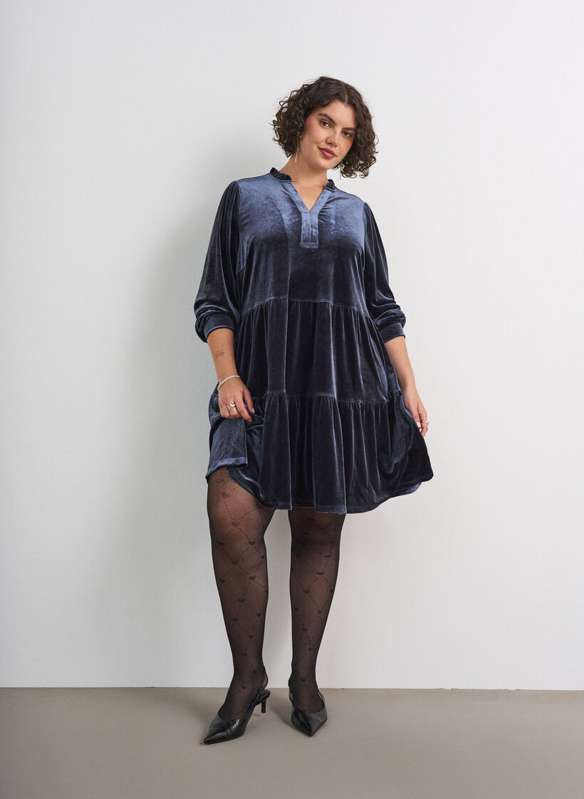 Kurzes Kleid aus Velours mit R&uuml;schenkragen und langen &Auml;rmeln, Blau, Model image number 1