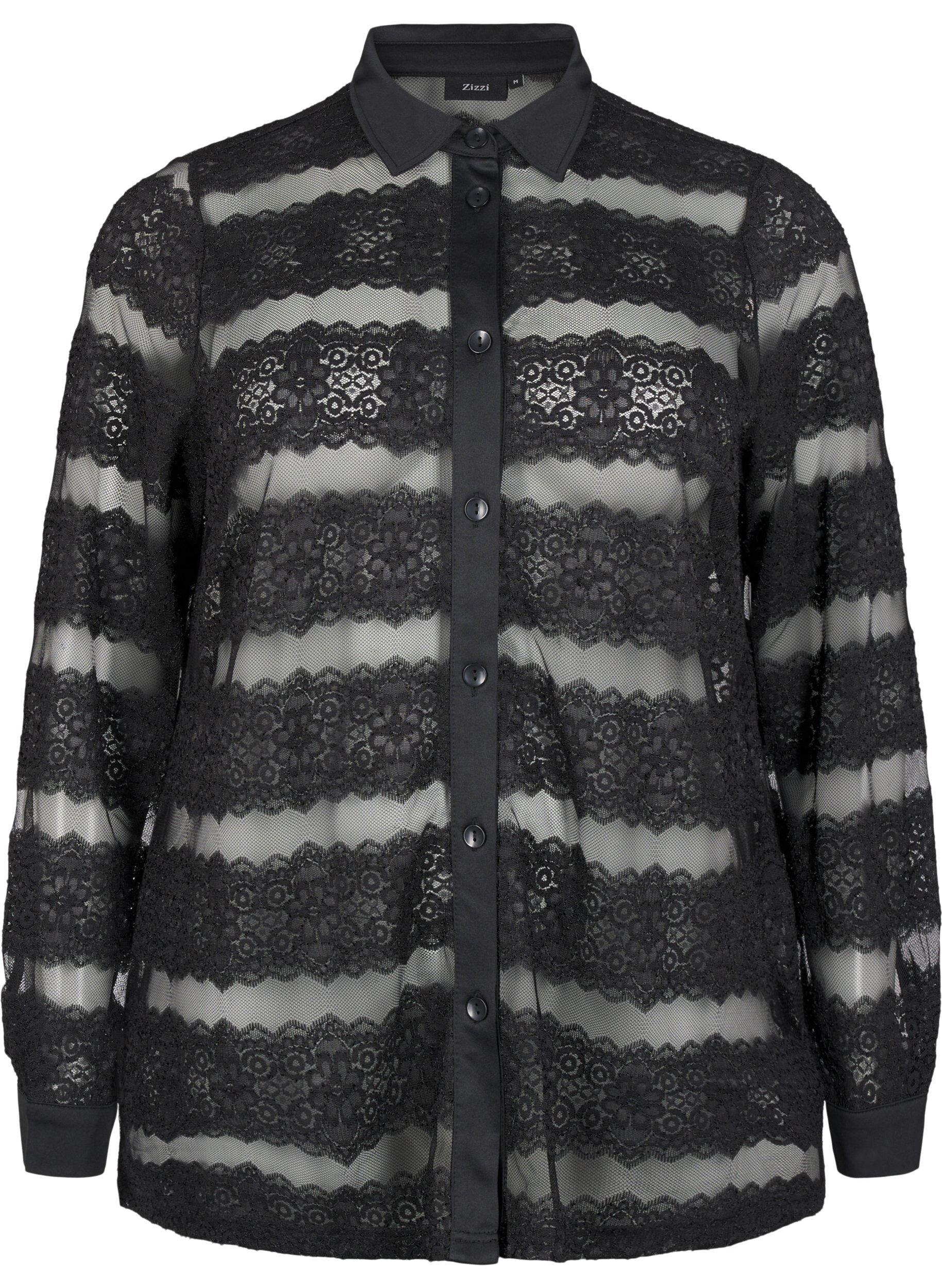 ZizziLockere Bluse mit Spitze und transparentem Mesh, Black, Packshot image number 0