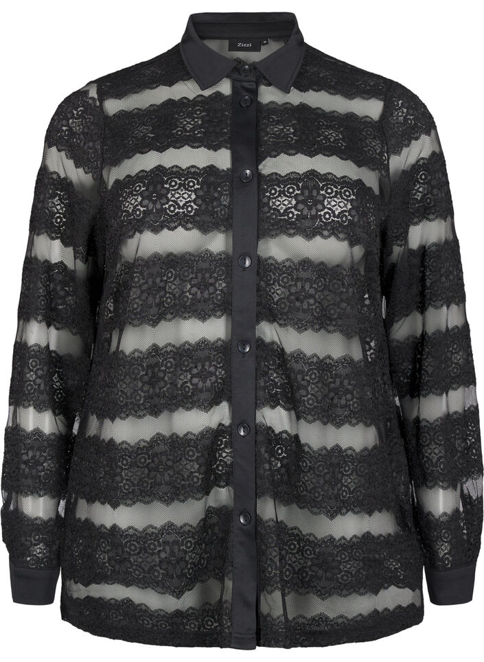 Lockere Bluse mit Spitze und transparentem Mesh, Black, Packshot image number 0