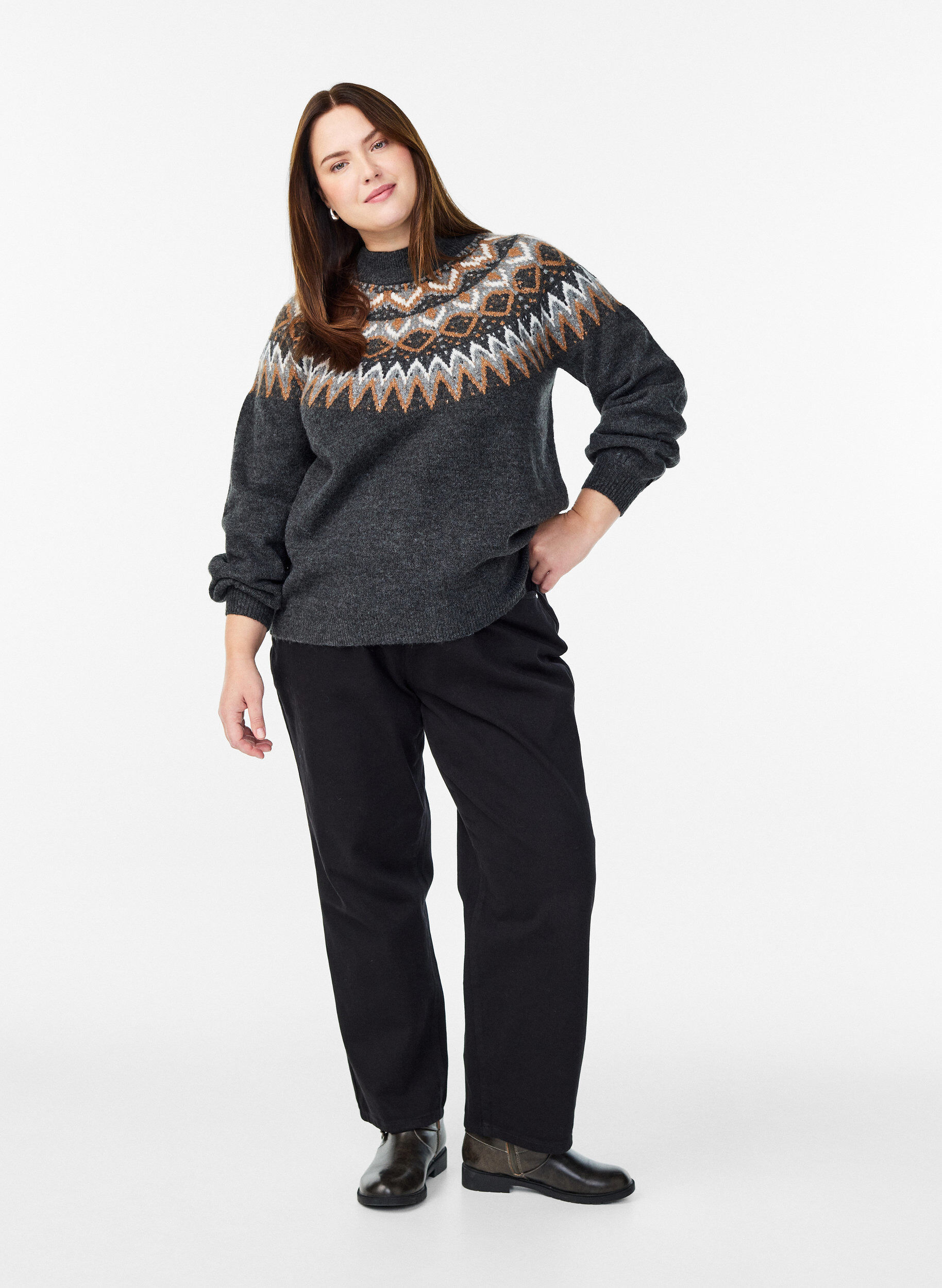 ZizziStrickbluse mit Muster und hohem Kragen, Grau, Model image number 1