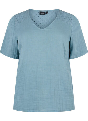 Bluse aus Baumwolle mit Stickerei und kurzen Ärmeln, Smoke Blue, Packshot image number 0