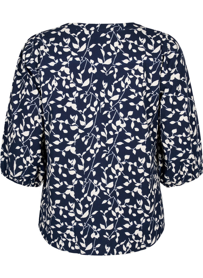 Baumwollbluse mit 3/4-&Auml;rmeln und Aufdruck, Navy Blazer Leaf, Packshot image number 1