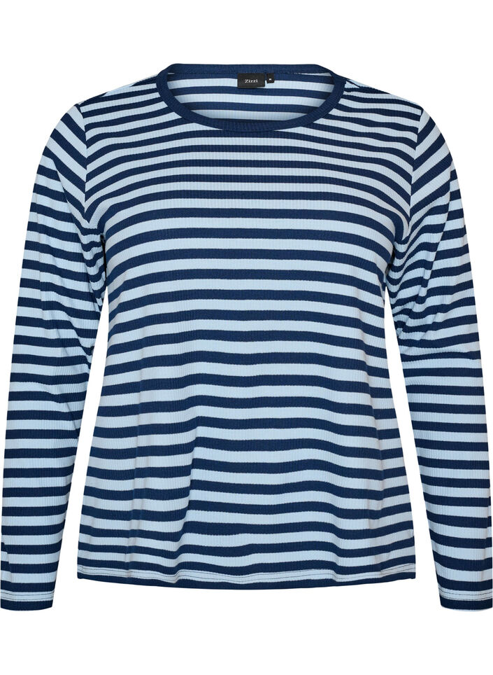 Lang&auml;rmeliges Nachtoberteil aus geripptem Jersey mit Streifen, Blau, Packshot image number 0