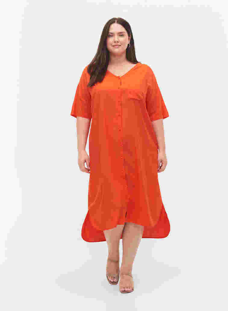 Kurzärmeliges Hemdkleid aus Viskose, Mandarin Red, Model image number 2