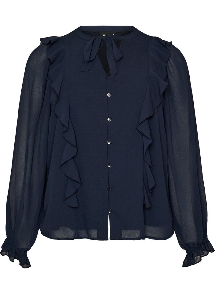 Transparente Bluse mit R&uuml;schen und Bindeband, Blau, Packshot image number 0