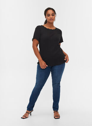 Kurzarm T-Shirt aus Ripp mit Spitze, Black, Model image number 3