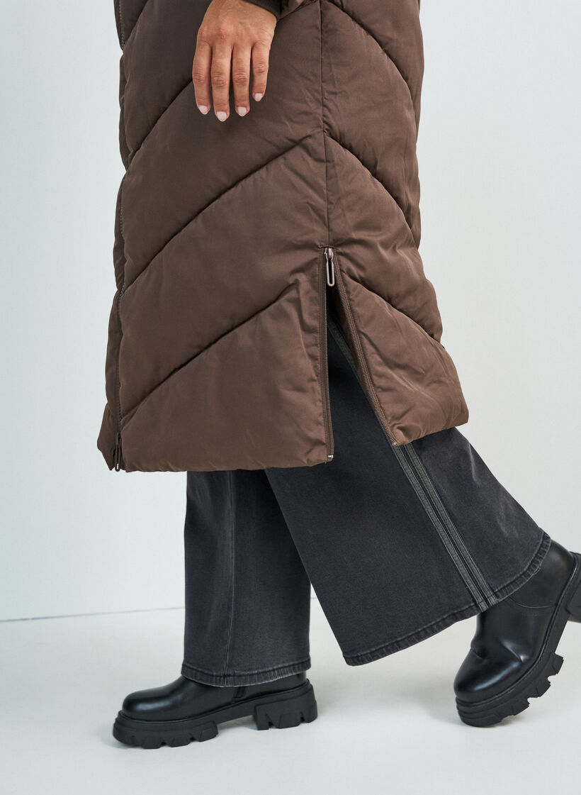 Langer Puffermantel mit Kapuze und Taschen, Braun, Model image number 2