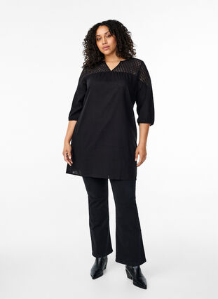 Kleid aus einer Baumwollmischung mit Leinen und Häkeldetails, Black, Model image number 2