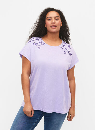 T-Shirt aus Baumwolle mit Blattprint, Lavender C Leaf, Model image number 0