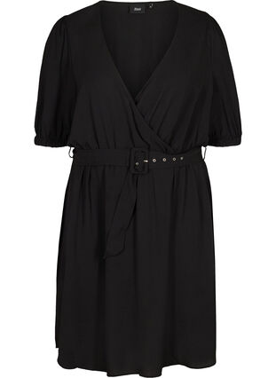 Kurzarm Kleid mit Gürtel, Black, Packshot image number 0