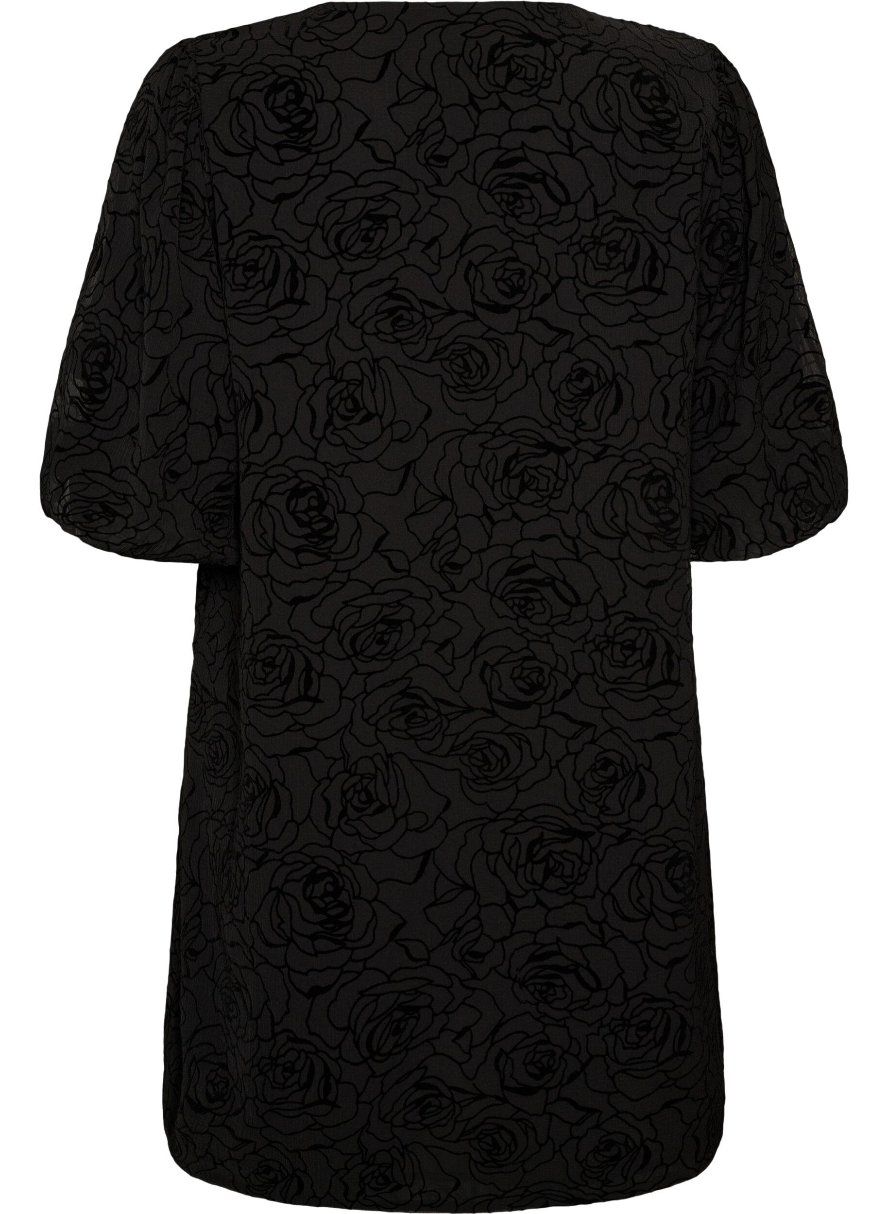 ZizziKurzes Kleid mit Rosenprint und Kn&ouml;pfen, Schwarz, Packshot image number 1